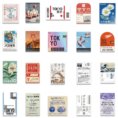 60PCS Japan Travel Sticker Set – Retro Ticket, Postcard & Stamp Designs for Scrapbook, Diary & Laptop Decor