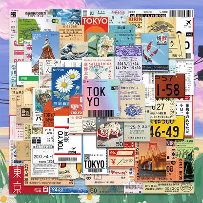 60PCS Japan Travel Sticker Set – Retro Ticket, Postcard & Stamp Designs for Scrapbook, Diary & Laptop Decor
