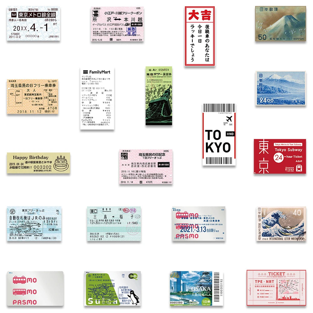 60PCS Japan Travel Sticker Set – Retro Ticket, Postcard & Stamp Designs for Scrapbook, Diary & Laptop Decor